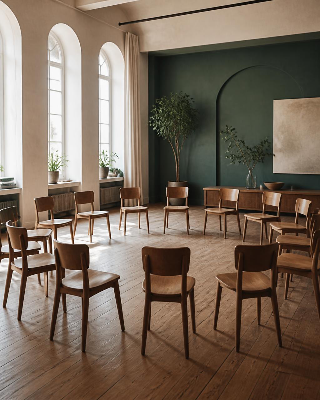 Circle of wooden chairs in a light-filled workshop hall