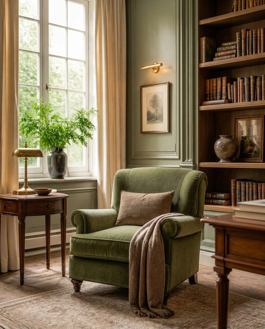 Serene private study with an armchair by a sunlit window