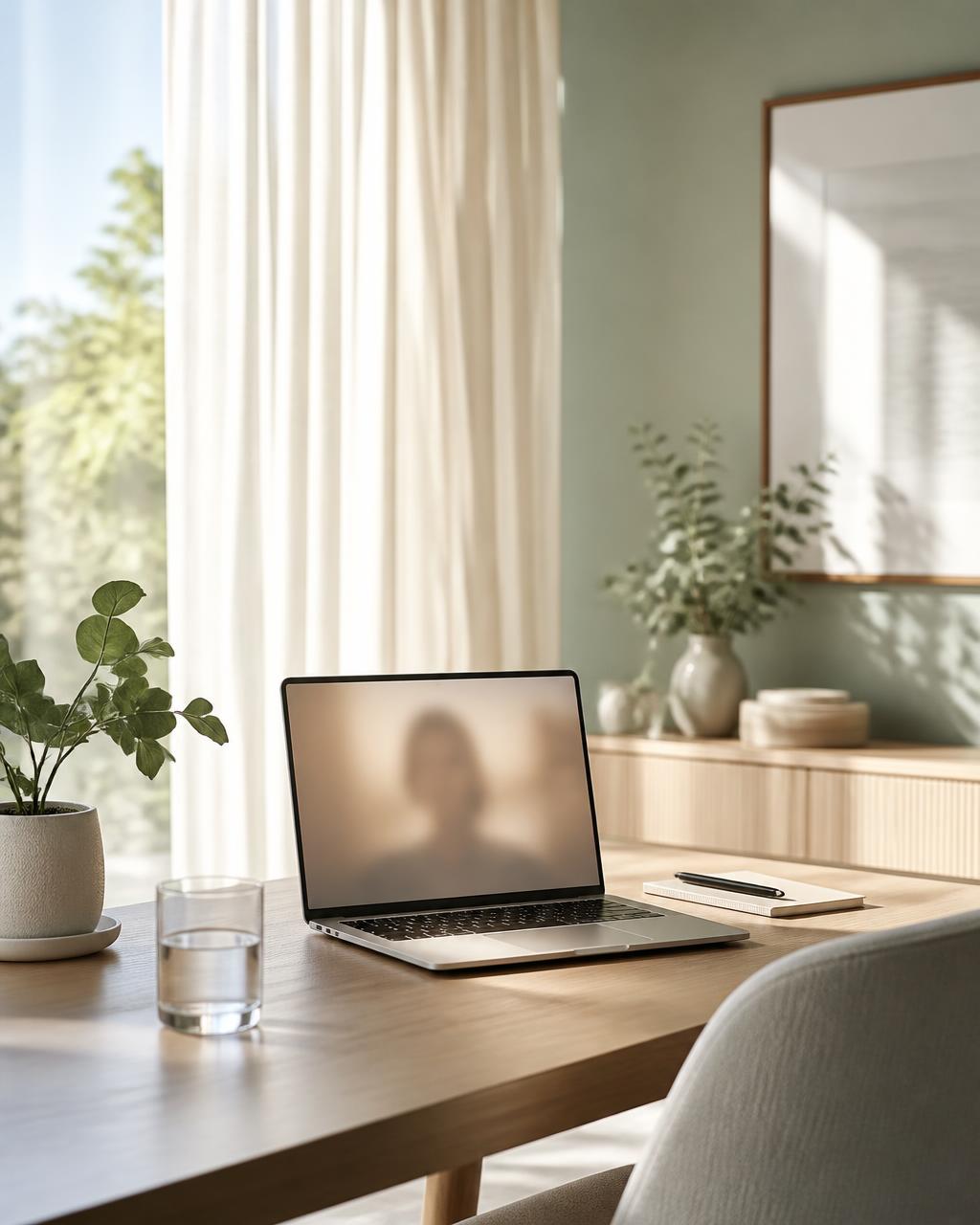 A laptop open to an online session in a calm, light-filled home setting
