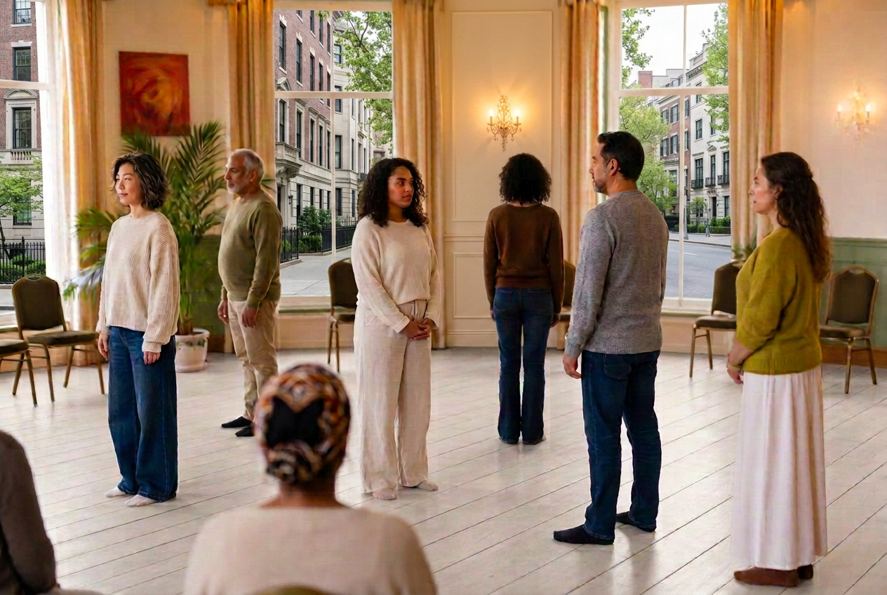 Participants standing as representatives in a Family Constellation placement in a bright, light-filled hall